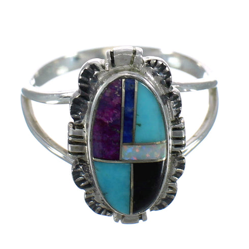 Southwest Silver Multicolor Inlay Jewelry Ring Size 6-1/2 MX60492
